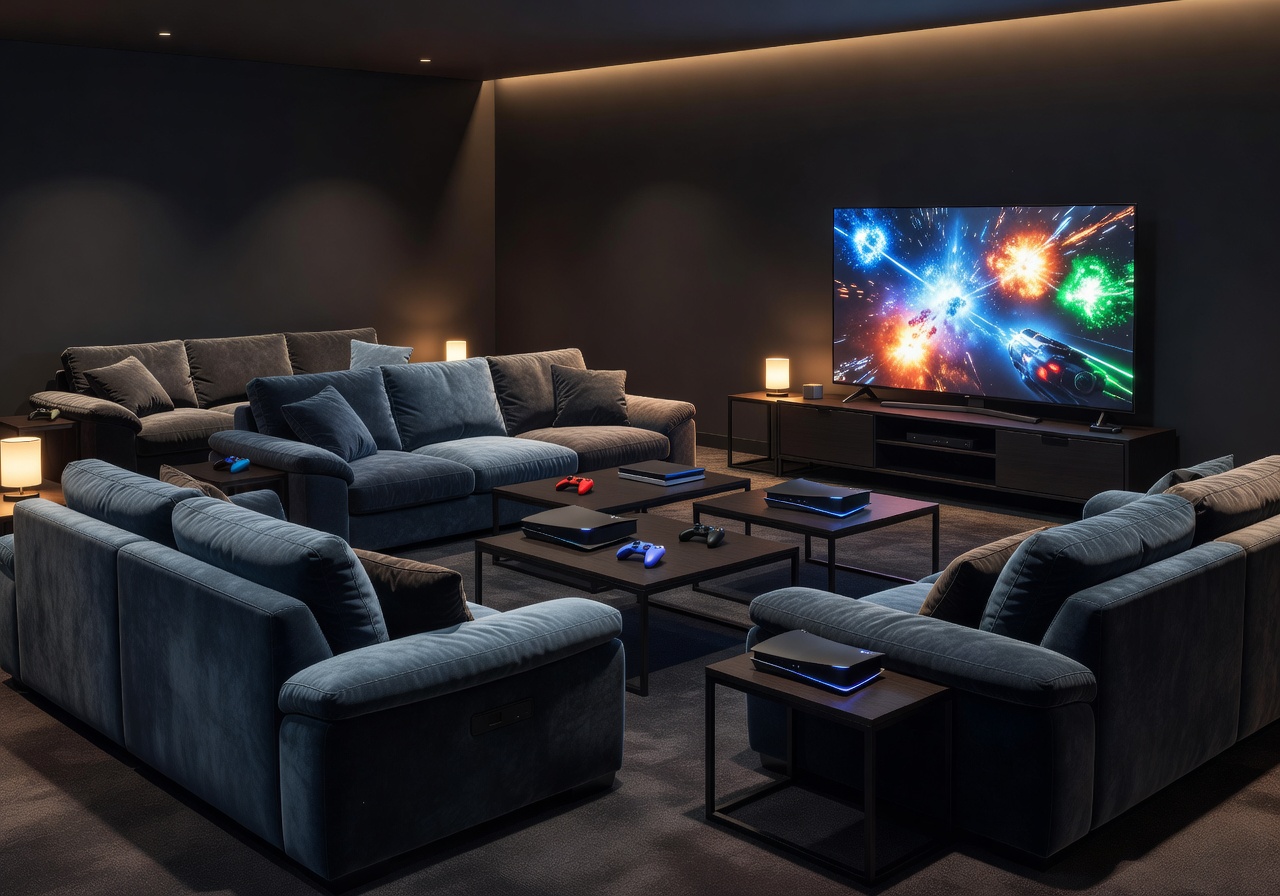 Console gaming lounge with comfortable seating